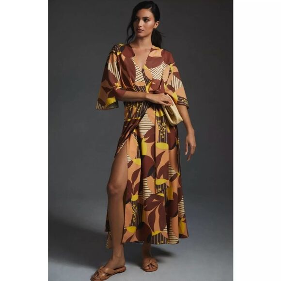 Anthropologie Hutch Deep-V Printed Wrap Maxi Dress in Multi Geo Size SP - Picture 1 of 10